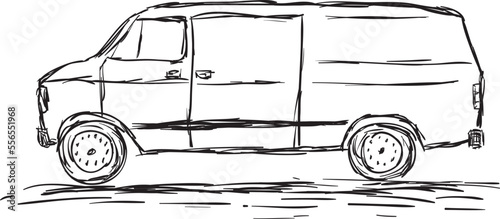 Hand drawn illustration of a car in black pencil on a white background. Drawing old van car.