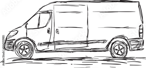 Hand drawn illustration of a car in black pencil on a white background. Drawing van car.