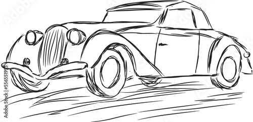 Old vintage car drawn by hand with black strokes on a white background.
