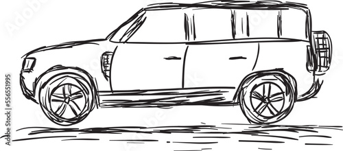 Hand drawn illustration of a car in black pencil on a white background. Drawing SUV.