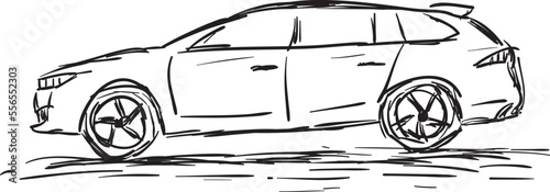 Hand drawn illustration of a car in black pencil on a white background. Drawing of a station wagon.
