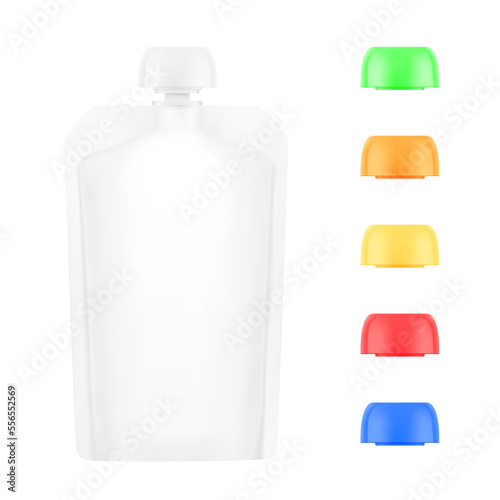 Set of pouch bag with different caps mockup. Front view. Vector illustration isolated on white background. Ready and simple to use for your design. EPS10.