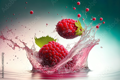 Raspberries splashing into air bubbled, pure water. Generative AI