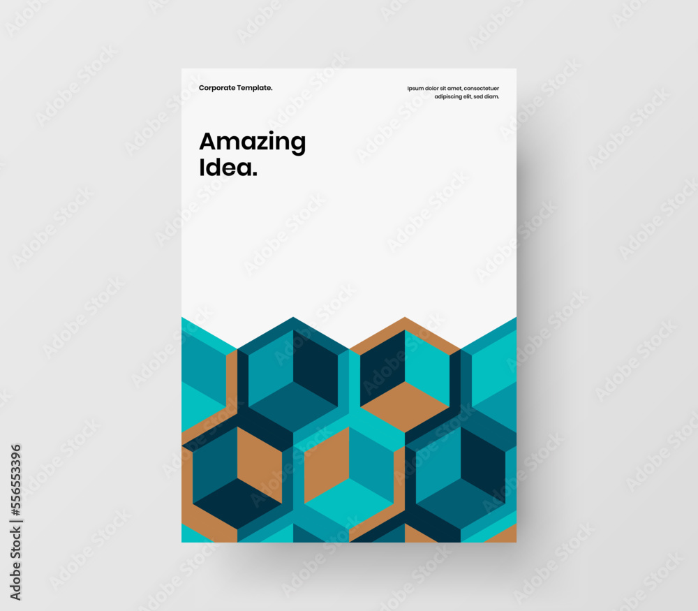 Modern company cover A4 design vector illustration. Original mosaic hexagons booklet concept.