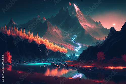 Fantasy night mountain landscape, magic, art illustration
