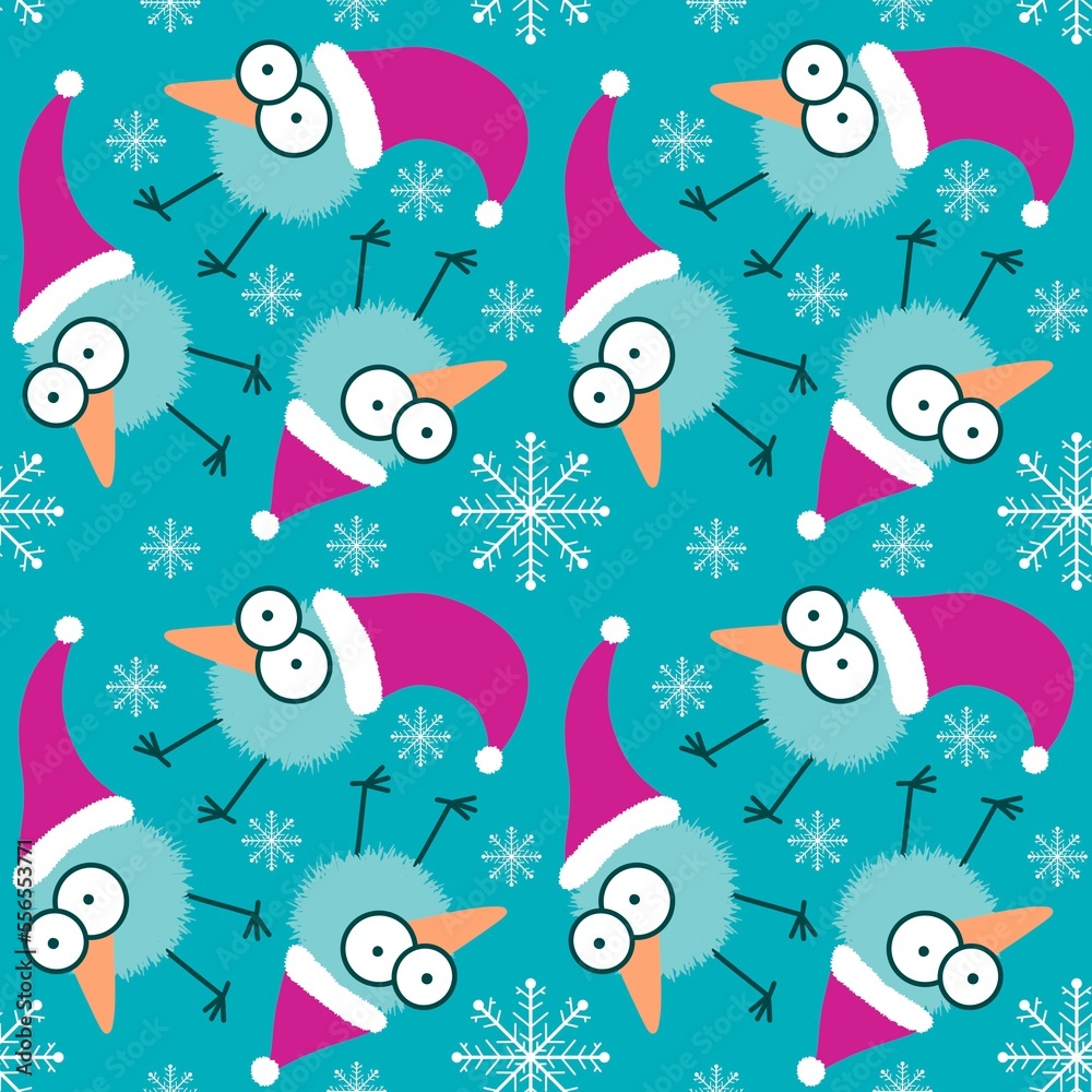 Cartoon Christmas funny animals seamless birds and Santa hat pattern for new year packaging and kids clothes Cartoon Christmas funny animals seamless birds and Santa hat pattern for new year packaging and kids clothes