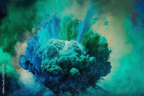 undersea explosion with acrylic paint and green, blue smoke as the backdrop. Generative AI