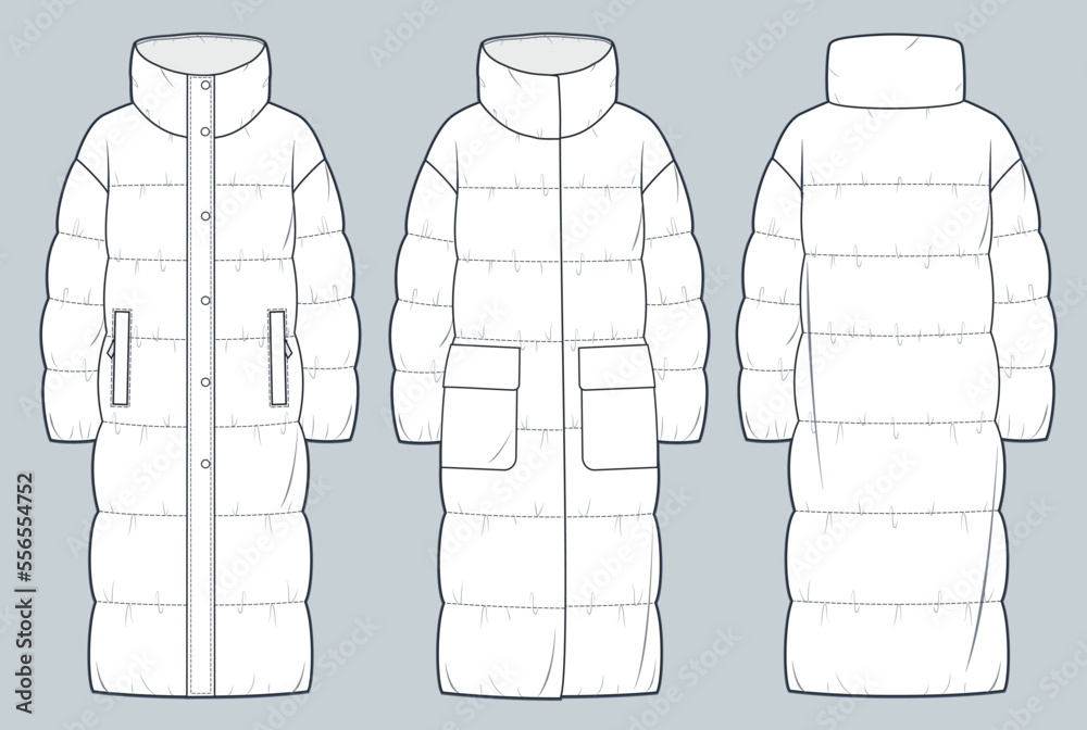 Set of Puffer Coats technical fashion Illustration. Down Jackets ...