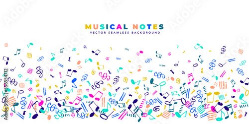 Musical notes vector seamless background. Horizontal template with copy spacy and colorful hand-drawn musical elements border pattern.