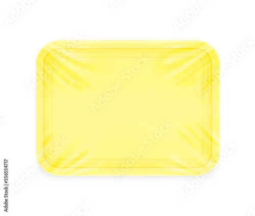 Horizontal yellow tray container mockup. Vector illustration isolated on white background. Layered template file easy to use for your promo product. EPS10.