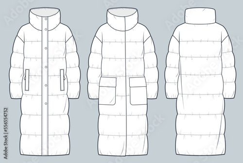 Set of Puffer Coats technical fashion Illustration. Down Jackets technical drawing template, roll neck, long sleeve, pocket, front and back view, white, women, men, unisex CAD mockup set.