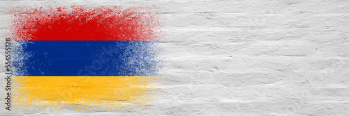 Flag of Armenia. Flag painted on a white plastered brick wall. Brick background. Copy space. Textured background