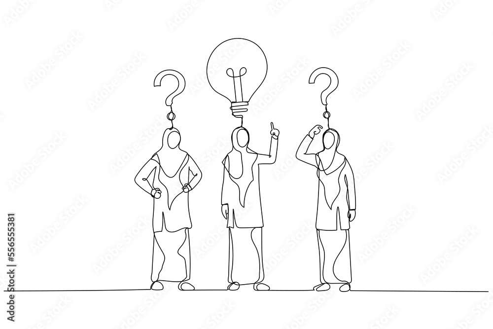 Cartoon of arab muslim businesswoman with question sings and lamp idea concept of find right decision. One continuous line art style