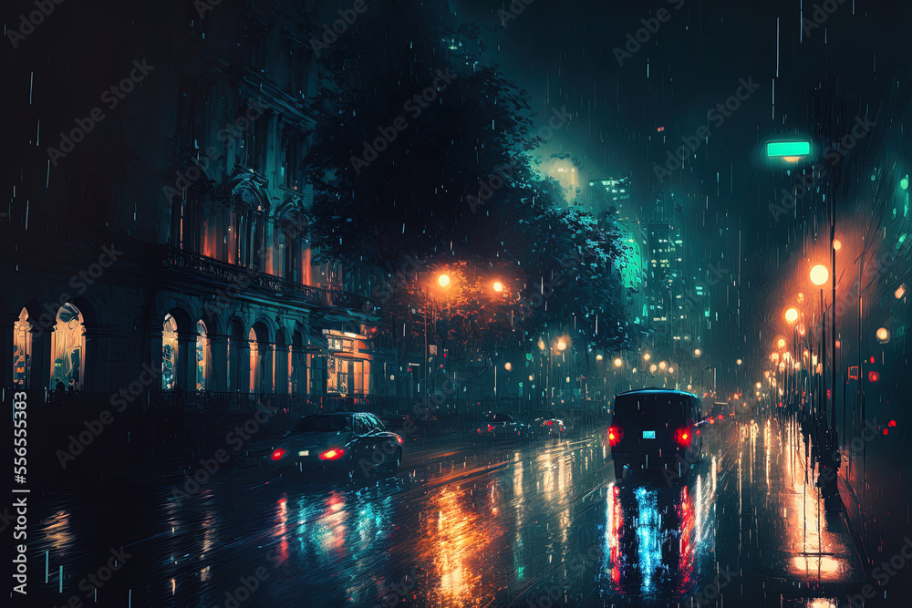 Obraz premium Rainy nighttime city streets, seen. Generative AI