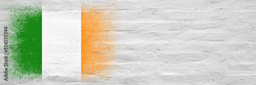 Flag of Ireland. Flag painted on a white plastered brick wall. Brick background. Copy space. Textured background