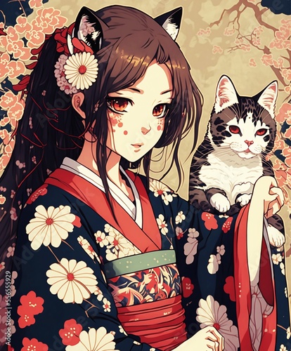 Anime girl with her cat digital art