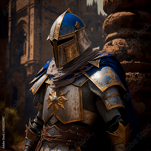 Dark knight in metal armor against the background of a medieval fortress