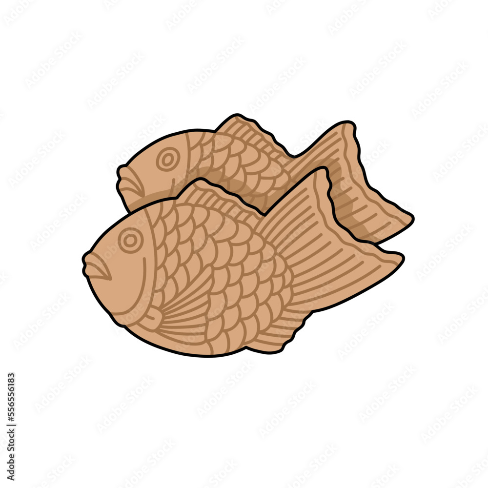 Taiyaki japanese fish shaped pastry doodle icon, vector color line illustration