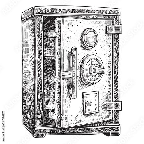 Retro safe with open door sketch hand drawn engraving style Vector illustration