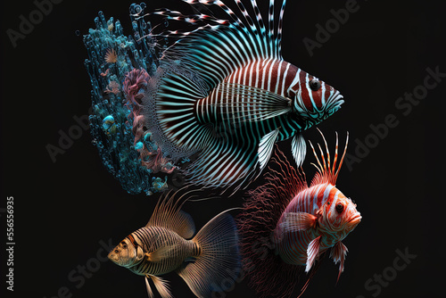 Fish, lionfish, zebra, and volitan pterois. Generative AI © 2rogan