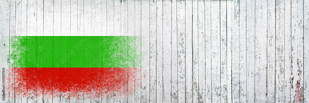 Flag of Bulgaria. Flag is painted on a white wooden surface. Wooden background. Plywood surface. Copy space. Textured background