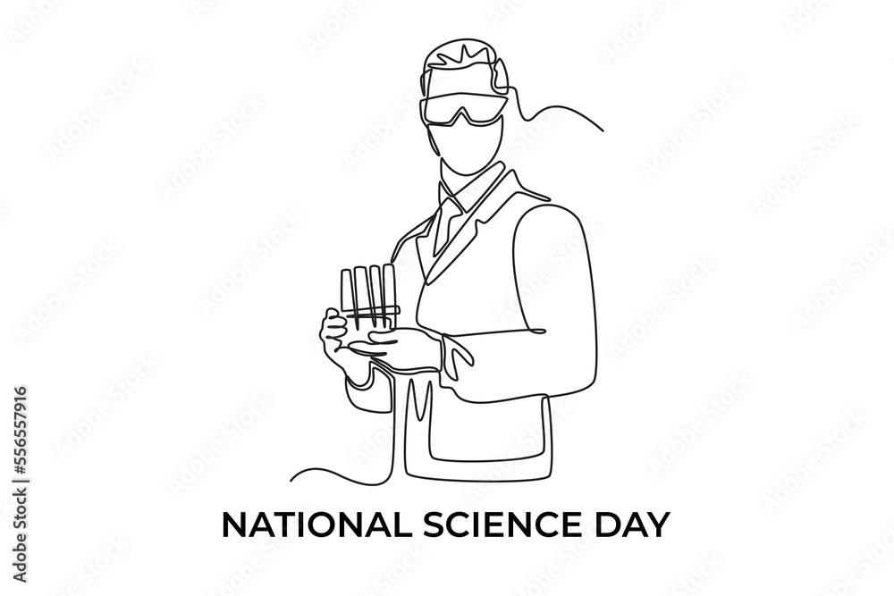 Continuous one line drawing male scientific holding tubes. Science day concept. Single line draw design vector graphic illustration. Continuous one line drawing male scientific holding tubes. Science day concept. Single line draw design vector graphic illustration.