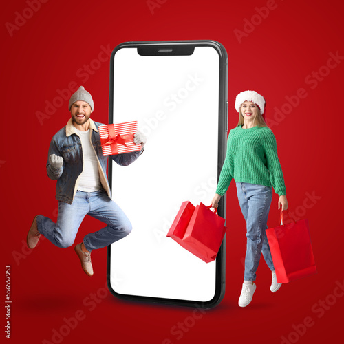 Jumping young couple with s...