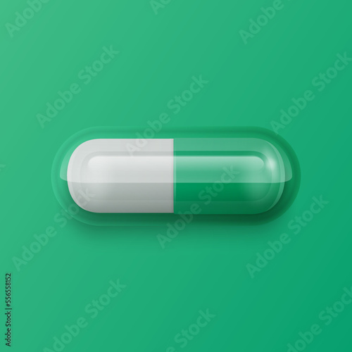 Vector 3d Realistic Green Pharmaceutical Medical Pill, Capsule, Tablet on Green Background. Top, Front View. Flat Lay. Copy Space. Herbal Medicine Concept