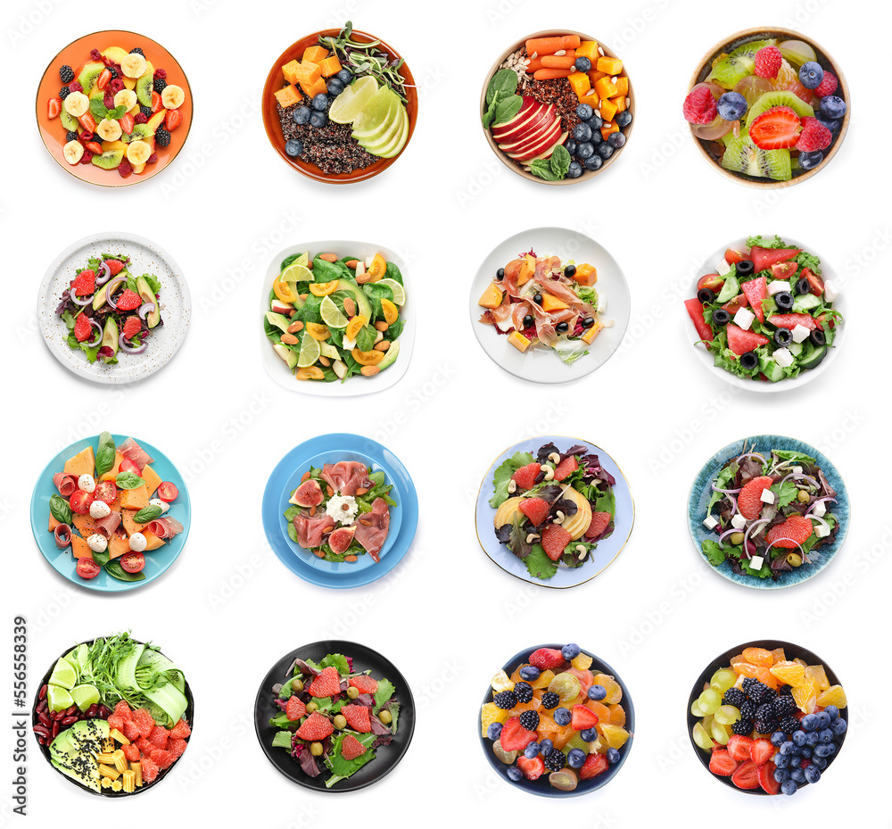 Set of plates with healthy salads on white background Set of plates with healthy salads on white background