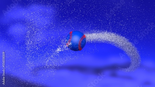 White-red Baseball with diamond splash particles under blue-black lighting background. 3D illustration. 3D high quality rendering. 3D CG.