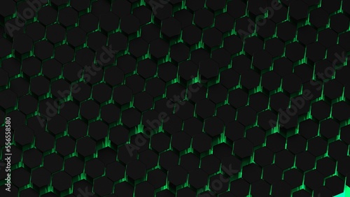 Abstract background with waves made of black futuristic honeycomb mosaic geometry primitive forms that goes up and down under green back-lighting. 3D illustration. 3D CG. High resolution. © DRN Studio
