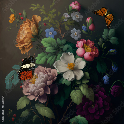 Wallpaper for a bouquet of roses, flowers and butterflies in bright colors, a...