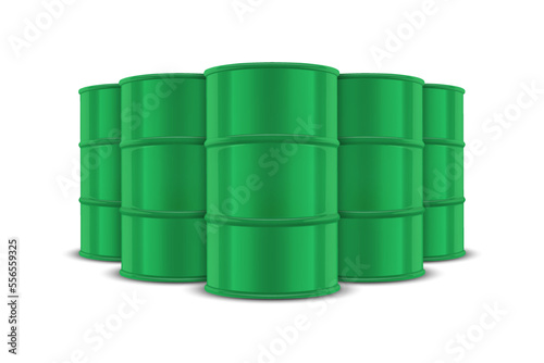 Vector 3d Realistic Five Green Barrels, Hazard Liquid. Caution Barrel, Radioactive, Hazardous Chemical Materials, Toxic Pollution, Many Danger Barrels, Set Closeup Isolated. Front View