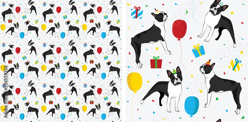 Happy Birthday Pattern with Boston Terrier dog in a party hat, seamless texture. Repeatable textile, wrapping paper, white background graphic design. Holiday wallpaper with staying dogs, and confetti.