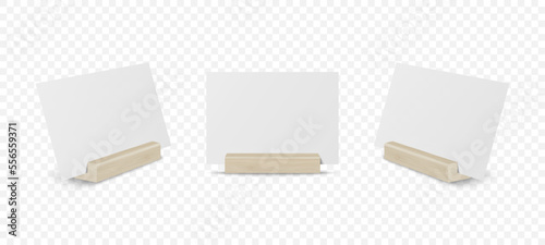 Vector 3d Realistic White Empty Blank Paper Sheet, Card on Wooden Holder, Stand Icon Set Closeup Isolated. Design Template for Mockup, Menu Frame, Booklets. Acrylic Tent Card. Front, Side View