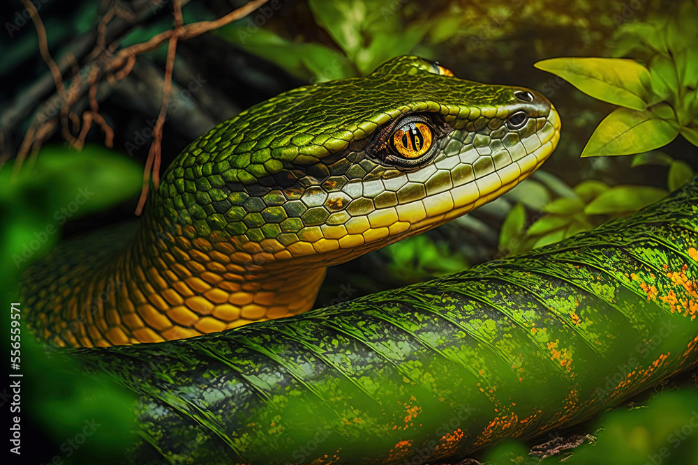 Fototapeta premium Close up of a wild snake in a natural setting wild brazil brazilian wildlife pantanal green jungle south american wilderness and wild dangerous. Generative AI