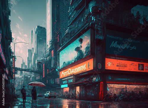 cyberpunk city, landscape, tech, neon, street, art illustration