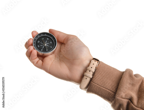 Woman with black compass on white background