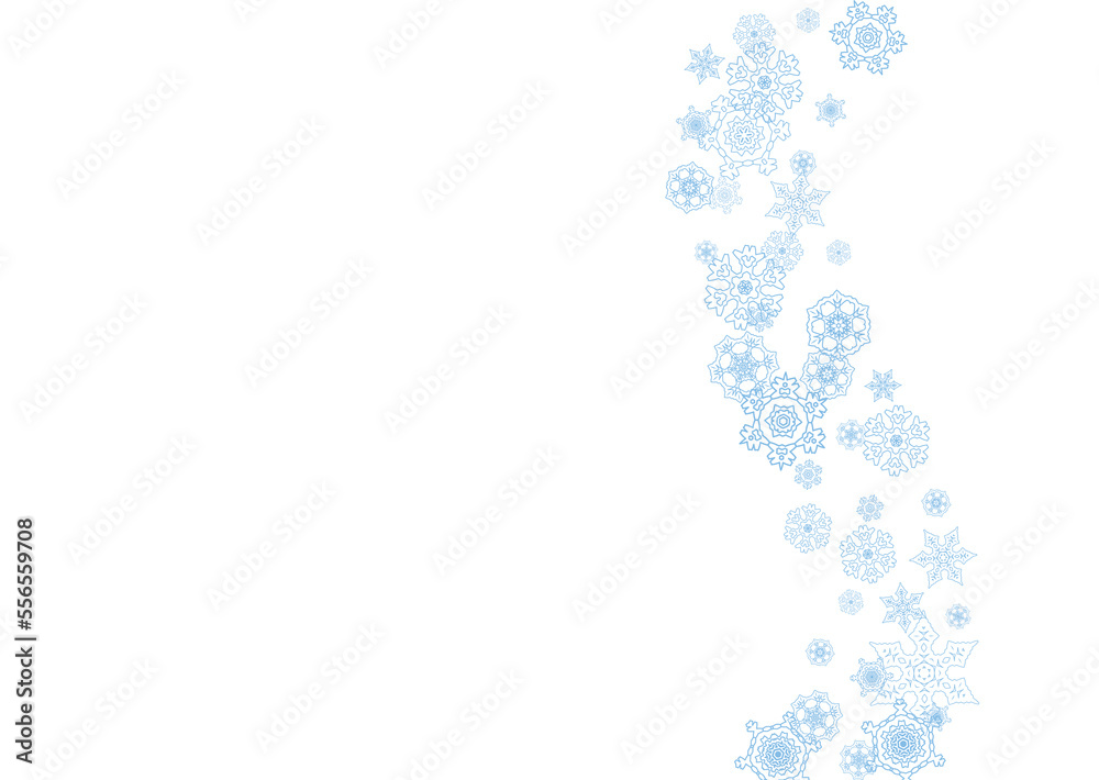 Winter frame with blue snowflakes for Christmas and New Year celebration. Horizontal winter frame on white background  for banners, gift coupons, vouchers, ads, party events. Falling frosty snow.