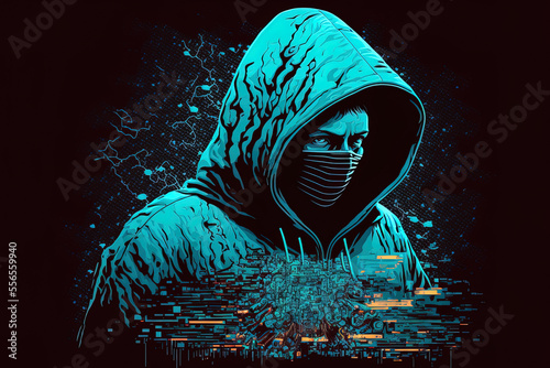 Illustration of a hooded hacker conducting a cyberattack. Generative AI