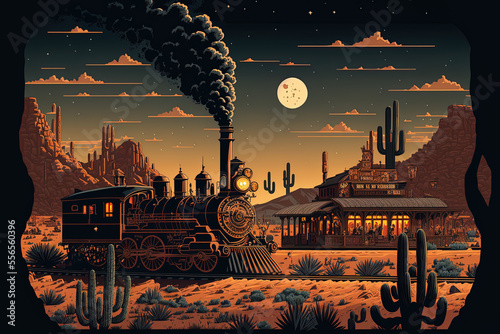 Cartoon picture of a nighttime wild west steam train in a western town with a railroad, a vintage engine, a desert environment with cacti, and ancient wooden city structures including a hotel, post, b photo