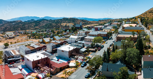 Aerial scenic view of Victorian building on historic Main C street in downtown Virginia City. Cars parked along the street of Virginia, Nevada, USA