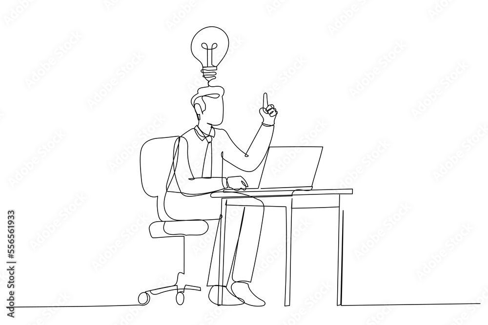 Illustration of happy businessman working at his desk and creating a lot of idea bulbs. Single line art style