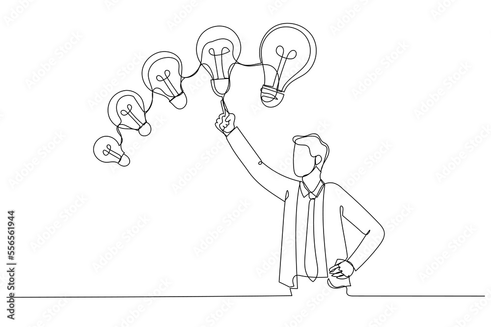Drawing of businessman with different sizes of idea. Continuous line art Drawing of businessman with different sizes of idea. Continuous line art
