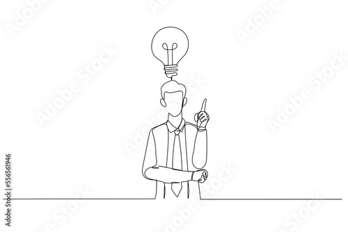 Cartoon of amazed businessman pointing finger up expressing wow eureka. One line style art