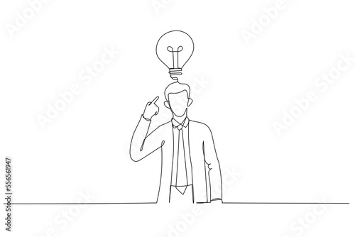 Illustration of businessman pointing to head with one finger found and remember idea. Single continuous line art