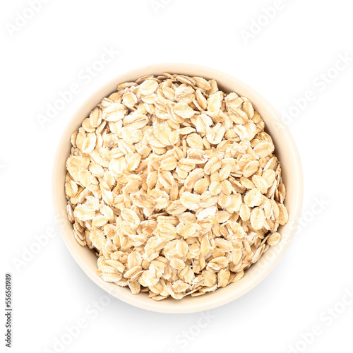 Bowl of raw oatmeal isolated on white background