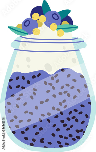 Tasty organic chia seeds pudding flat icon Blueberries and propolis