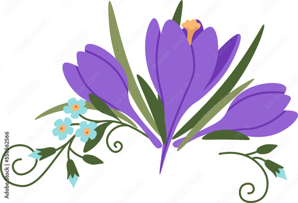 Purple crocus bouquet with leaves flat icon