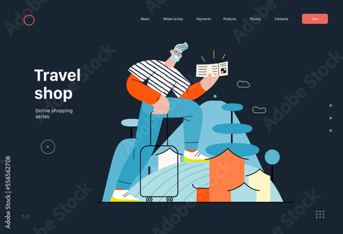 Travel shop -Online shopping and electronic commerce series -modern flat vector concept illustration of a travelling man with a case and ticket. Promotion, discounts, sale and online orders concept